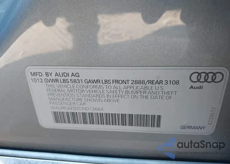 2013 Audi A8 L 3.0T z USA, uszkodzony, nr VIN WAURGAFD2DN013664